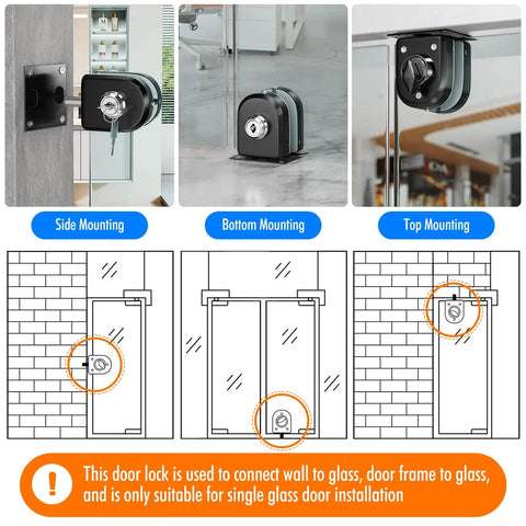 Frameless Glass Door Lock With Grip Tight Clamp Design, Zero Drill Install Required, 304 Stainless Steel, Brushed Black Finish, Heavy Duty Build, Rock Solid Security, Fits Quarter To Half Inch Glass, Easy Peasy Setup For Modern Homes images showcasing side, bottom, and top mounting options.