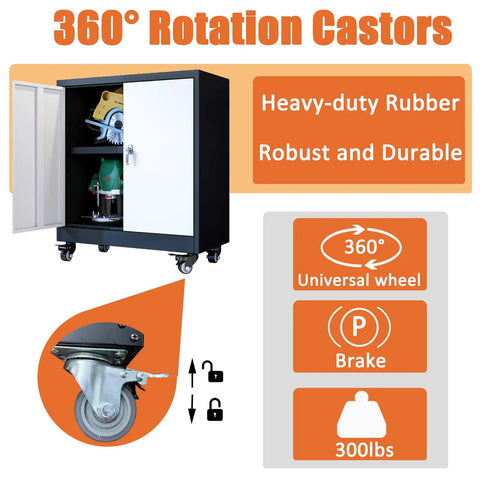 Heavy Duty Metal Storage Cabinet On Wheels With Locking Doors And Adjustable Shelves, open, showcasing wheels and storage space.