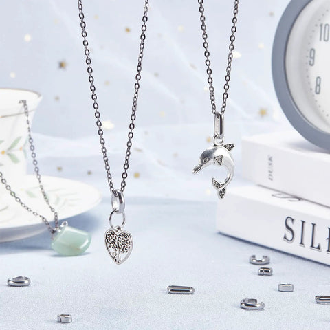 Stainless Steel Pinch Bail Clasps Set, 200 Pcs In 4 Styles, Square And Oval Bead Connectors For Dangle Jewelry shown with necklaces