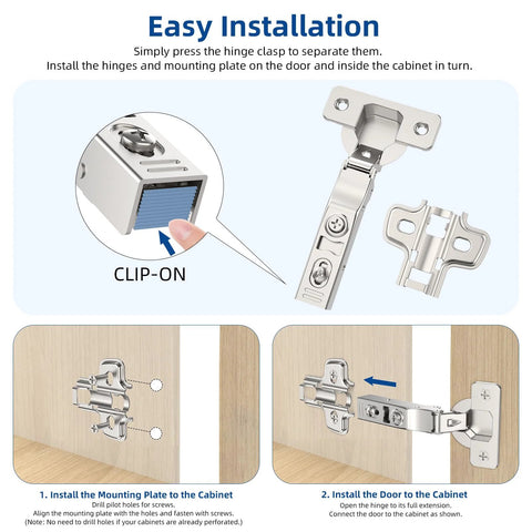 Diagram showing installation of Full Overlay Soft Close Concealed Frameless Cabinet Hinges 50 Pack Satin Nickel Clip On