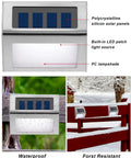 Top view and installation examples of Solar Powered Outdoor Fence Lights 24 Pack Waterproof Stainless Steel Deck And Stair Lamps for Walkway.