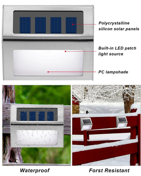 Top view and installation examples of Solar Powered Outdoor Fence Lights 24 Pack Waterproof Stainless Steel Deck And Stair Lamps for Walkway.