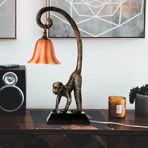 Modern Resin Bronze Monkey Table Lamp For Desk And Nightstand, Animal Figure LED Bedside Light For Living Room Bedroom Home Office
