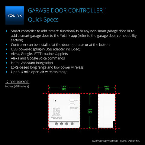 Garage door controller specs, dimensions showing smart functionality in world’s longest range garage door controller and wireless sensor kit.