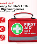 General Medi red compact first aid kit bag with handle and green cross logo.