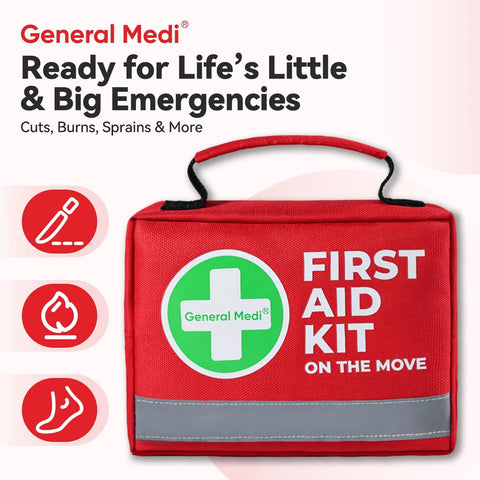 General Medi red compact first aid kit bag with handle and green cross logo.