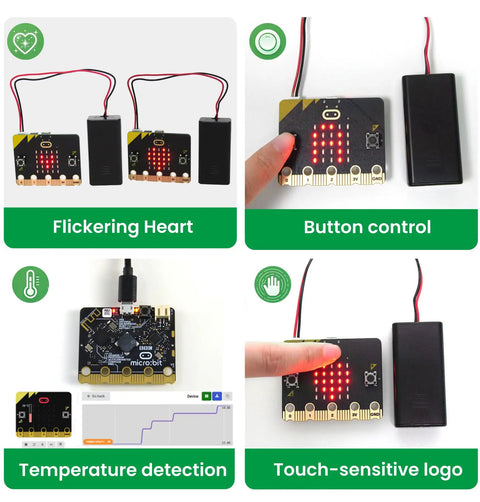 Microbit V2 Go Kit For Beginners With Built In LEDs And Sensors, Includes USB Cable And Battery Holder, Bluetooth Wireless, Compass, Radio, Temperature And Light Sensor For Dope Coding Projects showing micro:bit demos