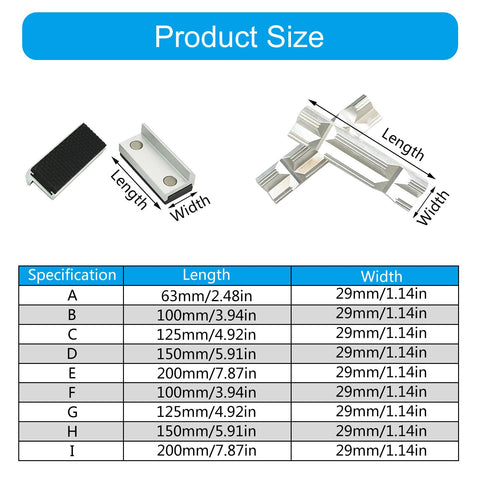 Vise Jaw Protective Covers Set Aluminum Rubber Protectors size chart with product dimensions.