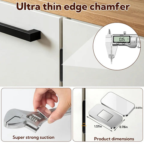 Ultra Thin Magnetic Cabinet Door Magnets 20 Pack With Double Sided Tape for quick cabinet closure, shown with measurements and installation.