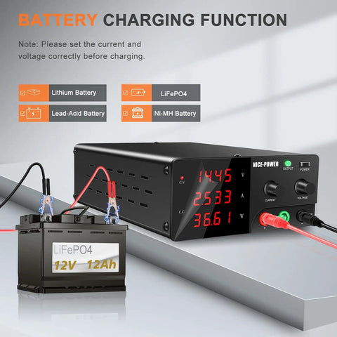 High Power Bench Power Supply 30V 30A 900W with encoder knob and output switch charging a LiFePO4 12V battery in lab setting