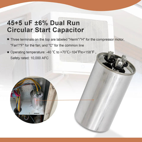 Beefy 45 Slash 5 Microfarad Start Capacitor 45 Slash 5 MFD With 6 Percent Tolerance 370V 440VAC CBB65 Dual Run Circular