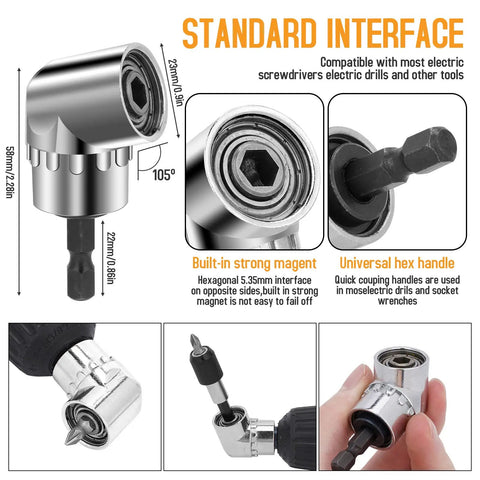 Close-up of 105-degree right angle attachment and universal hex handle for 22 Piece Flexible Drill Bit Extension Set With 105 Degree Right Angle Attachment Bendable Socket Adapter And Screwdriver Bits The Ultimate Gift For Men Christmas Stocking Stuffers DIYers Handymen And Tool Lovers.