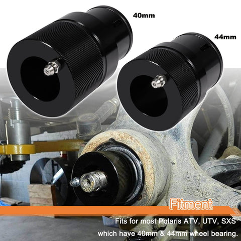 40mm And 44mm Front And Rear Wheel Bearing Greaser Tool Kit For Polaris ATV UTV SXS showing tools and application on wheel bearing