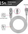 Three Outlet Flat Extension Cord With 15 Foot Reach Grounded 3 Prong Power Strip For Home Office And Entertainment Centers 16 Gauge Indoor UL Listed With Flat Plug Gray Perfect For Desks And Media Setups In Apartments Or Dorms showing cord, plug, and outlets.