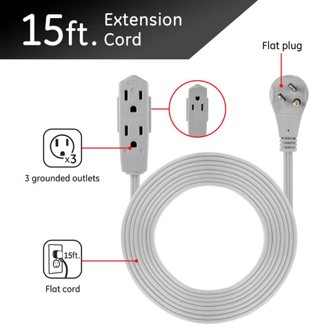 Three Outlet Flat Extension Cord With 15 Foot Reach Grounded 3 Prong Power Strip For Home Office And Entertainment Centers 16 Gauge Indoor UL Listed With Flat Plug Gray Perfect For Desks And Media Setups In Apartments Or Dorms showing cord, plug, and outlets.