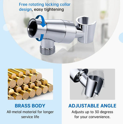 Metal Shower Head Holder For Handheld Showers Built Tough Adjustable Universal Shower Arm Mount Chrome Finish Brass Construction One Half Inch IPS Inlet And Outlet Fits Most Shower Arms And Hoses.