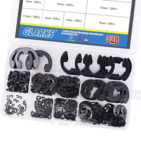 Heavy Duty Black Alloy Steel External E Clip Retaining Ring Washer Set 328 Piece Set Nine Sizes Built To Last With Heat Treated Tough Tensile Strength Includes 1.5mm 3mm 4mm And More For Automotive Machinery And DIY Projects in plastic organizer