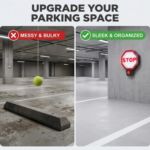 Plug And Play Garage Parking Sensor With LED Stop Indicator, Ultrasonic Anti Collision Parking Aid For Sedans, SUVs And Trucks, Universal Fit For Home Garages, Easy Install, No Fuss Setup, And Ready To Use Right Out Of The Box. Wall-mounted LED stop sensor in a clean garage