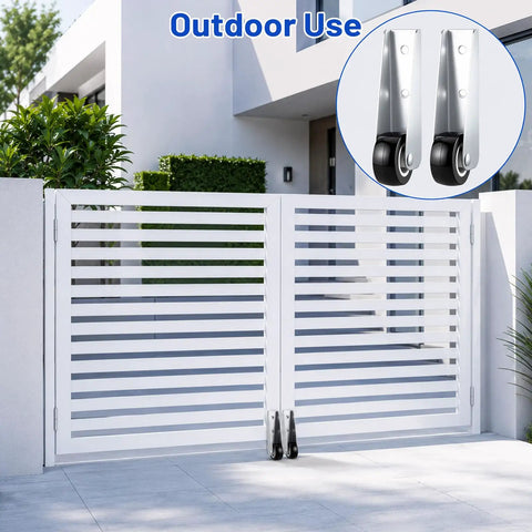 Two Piece Low Profile Caster Wheels With Rubber Non Slip Door Support Rollers Smooth Rolling Sliding Gate Glide Heavy Duty Silver Alloy Bottom Foot No Sweat Setup on outdoor gate.