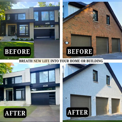 Before and after images showing transformed brick and stone exteriors using Pro Grade Semi Transparent Silicate Stain Bonds Deep Into Brick Stone Concrete Creating A Breathable Finish That Hella Outlasts Peeling Paint Keeps Your Masonry Looking Fire Interior Or Exterior 5 Gallon.