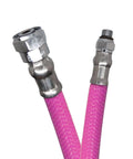 Close-up of connectors on pink 24 inch low pressure braided hose for 2nd stage regulator and octopus 1000 PSI durable TPE inner.