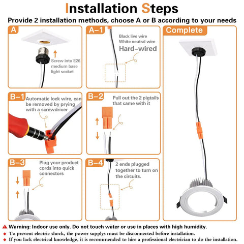 Installation steps for Six Pack E26 Light Socket Adapter Pigtail For LED Ceiling Downlights with wiring details.