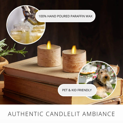 Flameless LED Tea Light Candles Set Of 2 Birch And Pearl Ivory Real Wax Look Remote Timer Battery Operated Paraffin Tealights on books