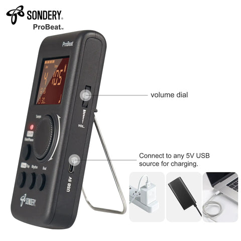Digital Metronome With Rechargeable Battery, Vocal Counting And Timer For Piano, Guitar, Drum And All Instruments, side view with USB charge option