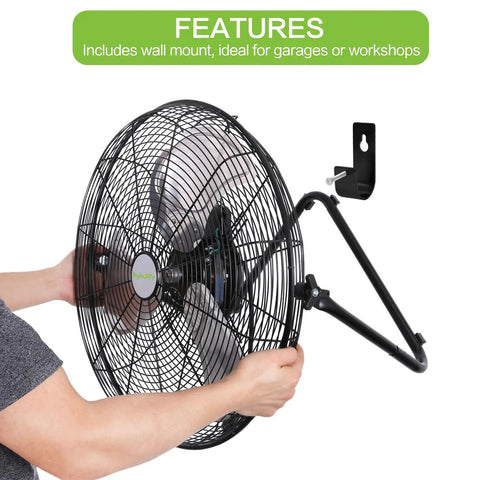 Person installing 20 Inch High Velocity Floor Fan With 3 Speed Settings, Heavy Duty Metal Industrial Shop Fan on wall mount bracket.