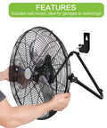 Person mounting Heavy Duty 20 Inch High Velocity Floor Fan With Three Speeds And 4600 CFM on wall, showing built-in handle