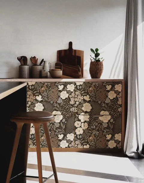 Peel And Stick Floral Wallpaper Removable Rose Leaf Pattern Vintage Wall Mural on kitchen cabinet doors in dark tones.