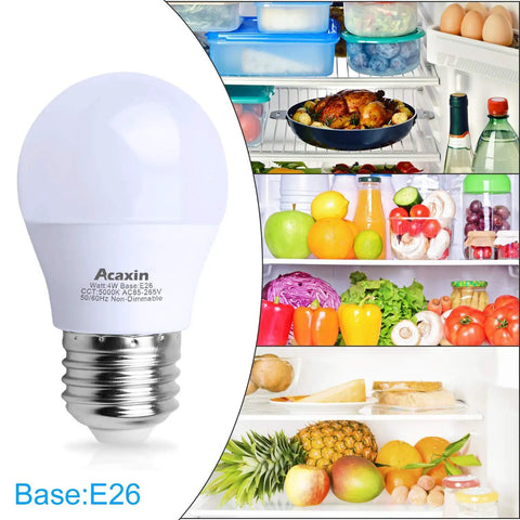 Fridge LED Light Bulb 4W 40W Equivalent, Waterproof Refrigerator Bulb For Frigidaire And Freezer next to open fridge with food inside