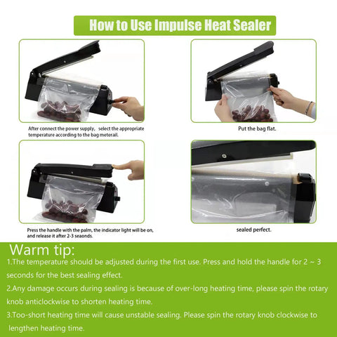 How to use 8 Inch Impulse Heat Sealer Manual Poly Bag Sealing Machine Quick Seal For Plastic Bags PE And PP Black Portable