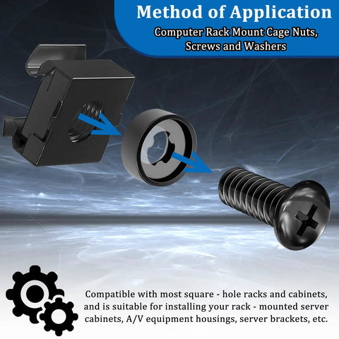 40 Sets M6 Rack Mount Hardware Kit with cage nuts, screws, and nylon lock washers for server racks, cabinets, shelves.