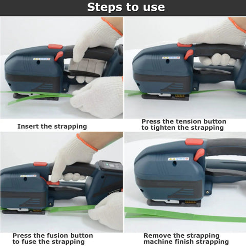 Steps to use Heavy Duty Cordless Electric Strapping Machine For Pet And Pp Bands With Lithium Battery.