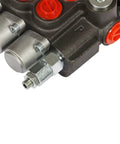 Close-up view of Beefed Up 7 Spool Double Acting Hydraulic Directional Control Valve for small tractor loaders showing metal finish.