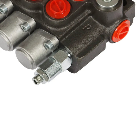 Close-up view of Beefed Up 7 Spool Double Acting Hydraulic Directional Control Valve for small tractor loaders showing metal finish.