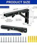 2 Pack 10 Inch Black Folding Shelf Brackets No Sweat Wall Mount Installation Includes All Hardware Flip Up Design with dimensions and mounting accessories.