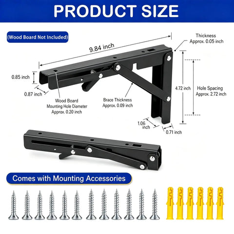 2 Pack 10 Inch Black Folding Shelf Brackets No Sweat Wall Mount Installation Includes All Hardware Flip Up Design with dimensions and mounting accessories.