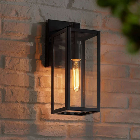 Dope Mystic Black Outdoor Wall Light With Clear Glass Panel on brick wall, 14 1/4 Inch Tall, 7 Inch Projection, Exterior Lighting for Porch