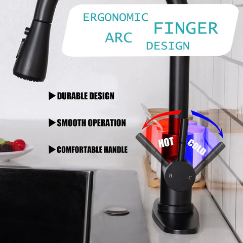 Hella Sweet Matte Black Kitchen Faucet With Single Handle And Buttery Pull Down Sprayer Solid Stainless Steel showcasing ergonomic arc design.