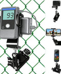 4-In-1 Universal Fence Mount Kit with Tripod Adapter for Recording on Chain Link Fence, showing attached devices like Pocket Radar, GoPro, iPhone, Insta360.