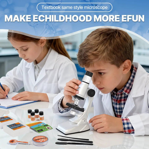 Junior Scientist Microscope Kit With Blank And Prepared Slides For Kids 100X 400X 1200X Magnification For Exploring The Micro World At Home Or In Class, white ABS microscope in use