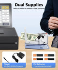 Portable Money Counter Machine For Multicountry Banknotes with dual power options, shown counting bills on a desk with accessories