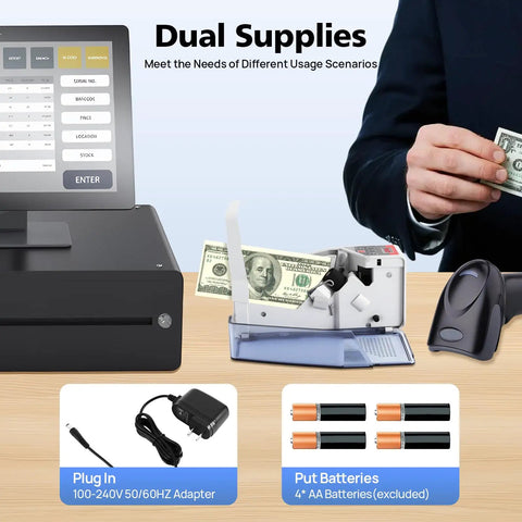 Kearixm Portable Money Counter Machine Processing 600 Bills Per Minute With Add Mode Battery Or Adapter Operation shown with cash and accessories.
