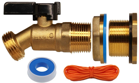 Brass Rain Barrel Spigot Three Quarter Inch Ball Valve With Bulkhead Fitting And Thread Tape Lead Free Made In USA