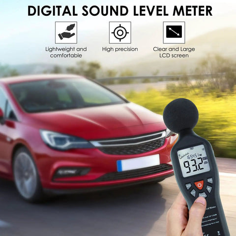 Person using Go-To Digital Sound Level Meter With Backlit Display near a moving car, showing 93.2 dB on screen.