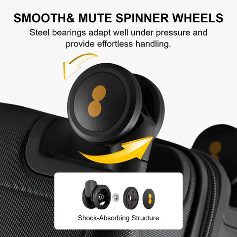 LEVEL8 hard-shell carry-on luggage wheel assembly, black 20-inch spinner with shock-absorbing structure.