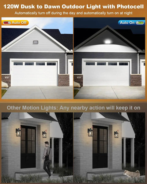 120W Outdoor LED Wall Pack Light With Dusk To Dawn Sensor illustrating automatic on-off feature at garage