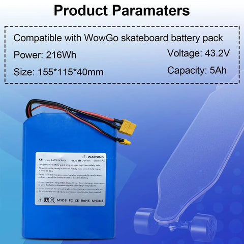 43.2V 5Ah Battery Pack Replacement For WowGo 2S Pro 2S Max 3X And 3E Electric Skateboard Rechargeable Spare Power
